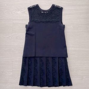 Valentino Navy Lace Panel Stretch Knit Dress w/ Lace Trim Pleated Skirt